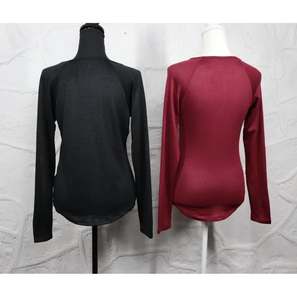 Jenni Women's Split-Neck Pajama Top Bundle of 2 - Black - Wine -‎ Size Small